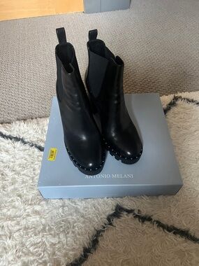 ANTONIO MELANI Black Leather Chelsea Ankle Booties with Stud Accents